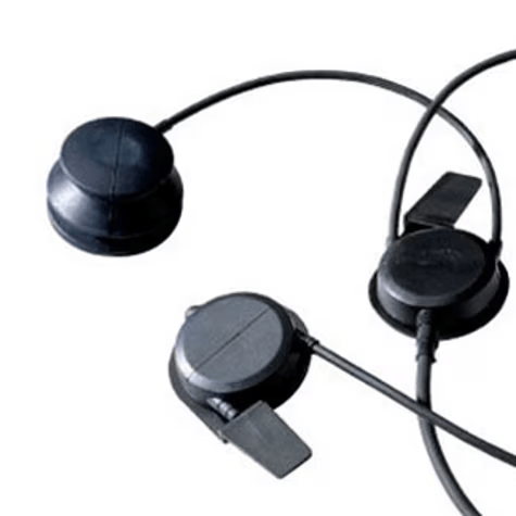 Three black round sensors with cables, side view.
