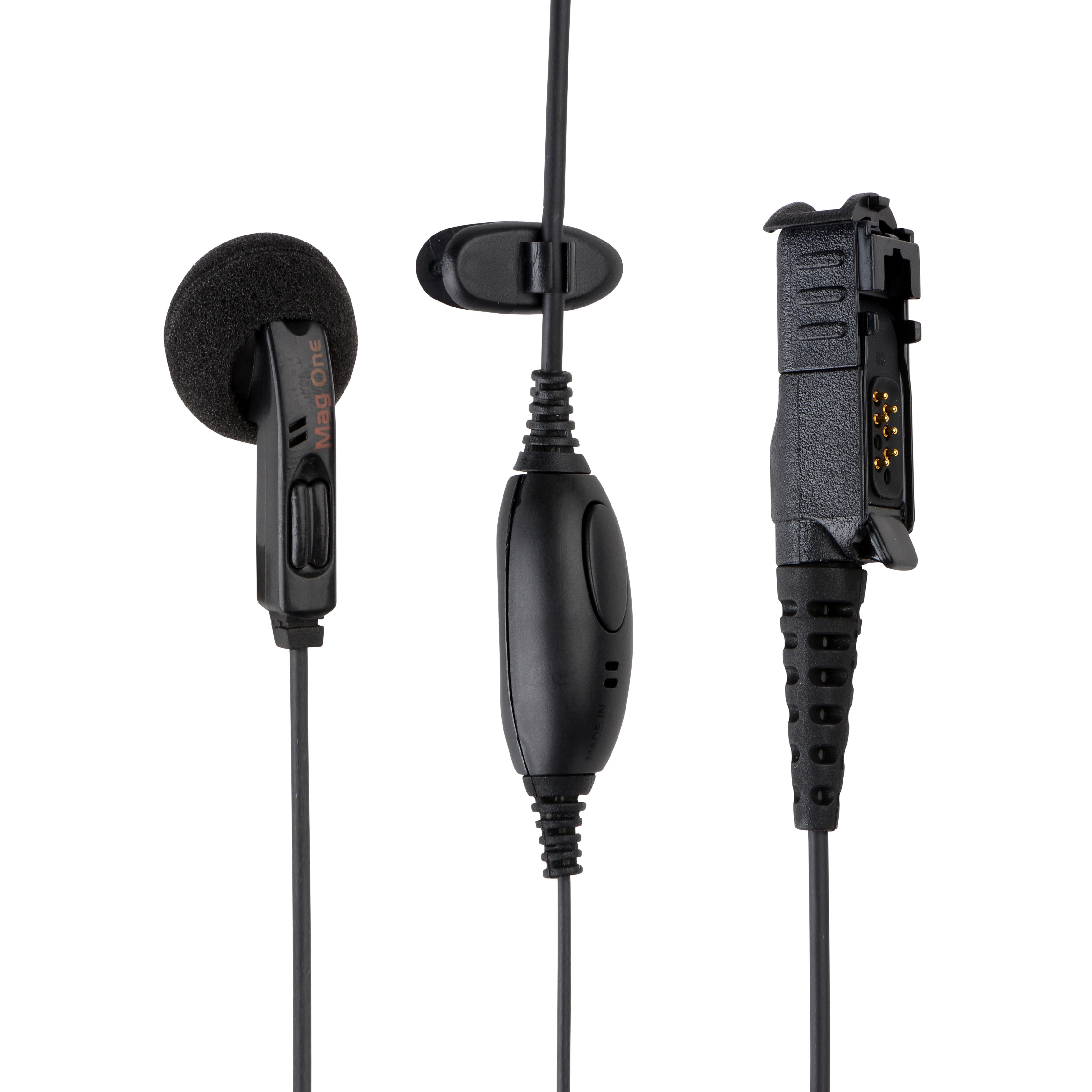 Schwarzes Ohrhörer-Set mit Mikrofon und Stecker.