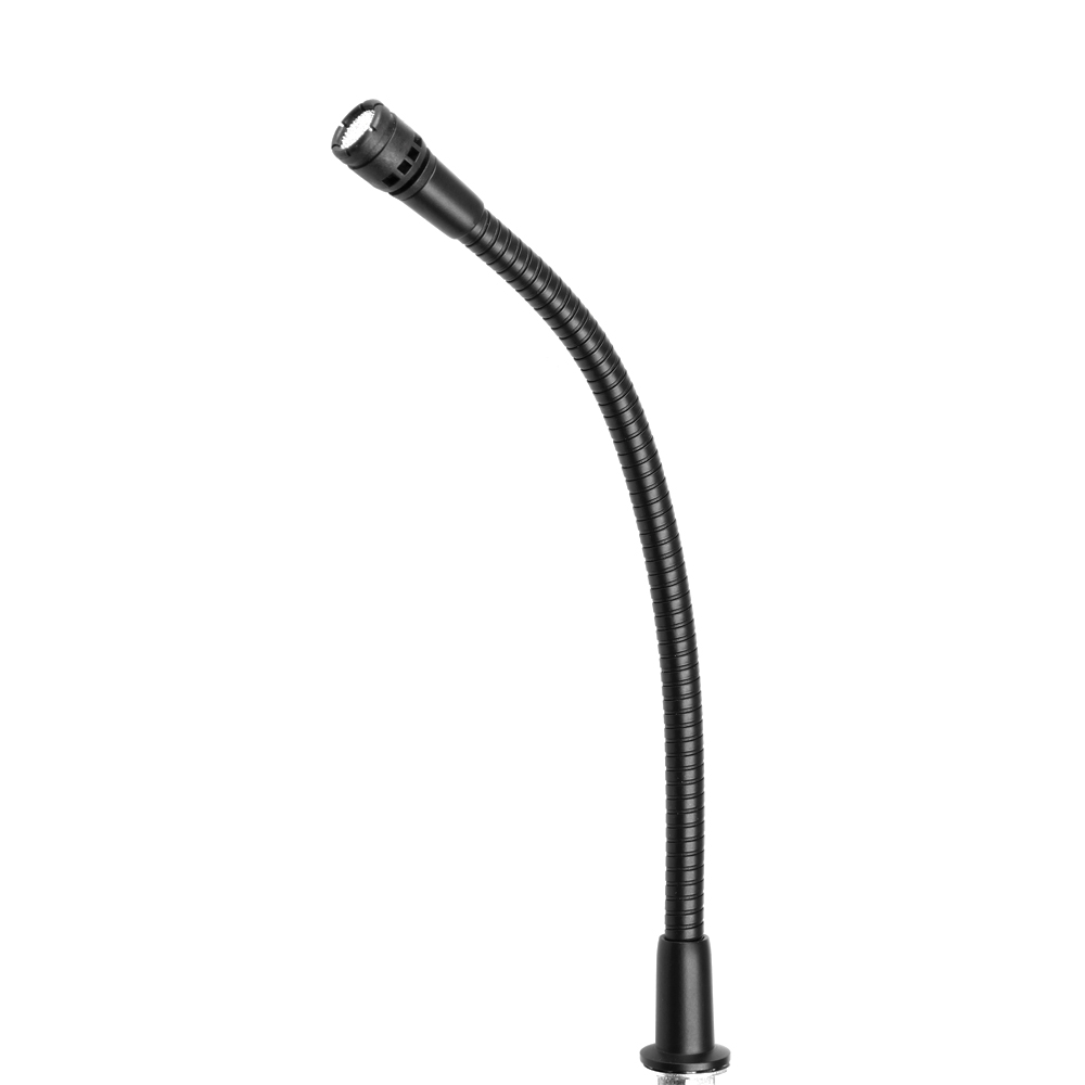 Black gooseneck microphone with flexible neck.