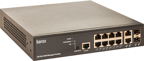 Network switch with ten ports, a console, and status indicators.