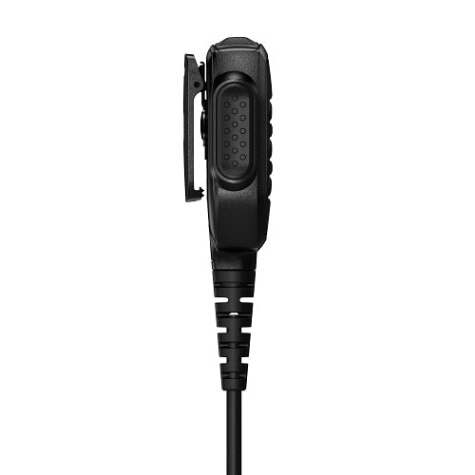 Schwarze tragbare Mikrofon-Kabel-Kombination mit Clip, seitlich gezeigt.