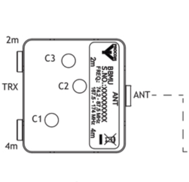 Diagram of an electrical component with connectors C1, C2, C3, TRX, ANT. Labeled with technical data.