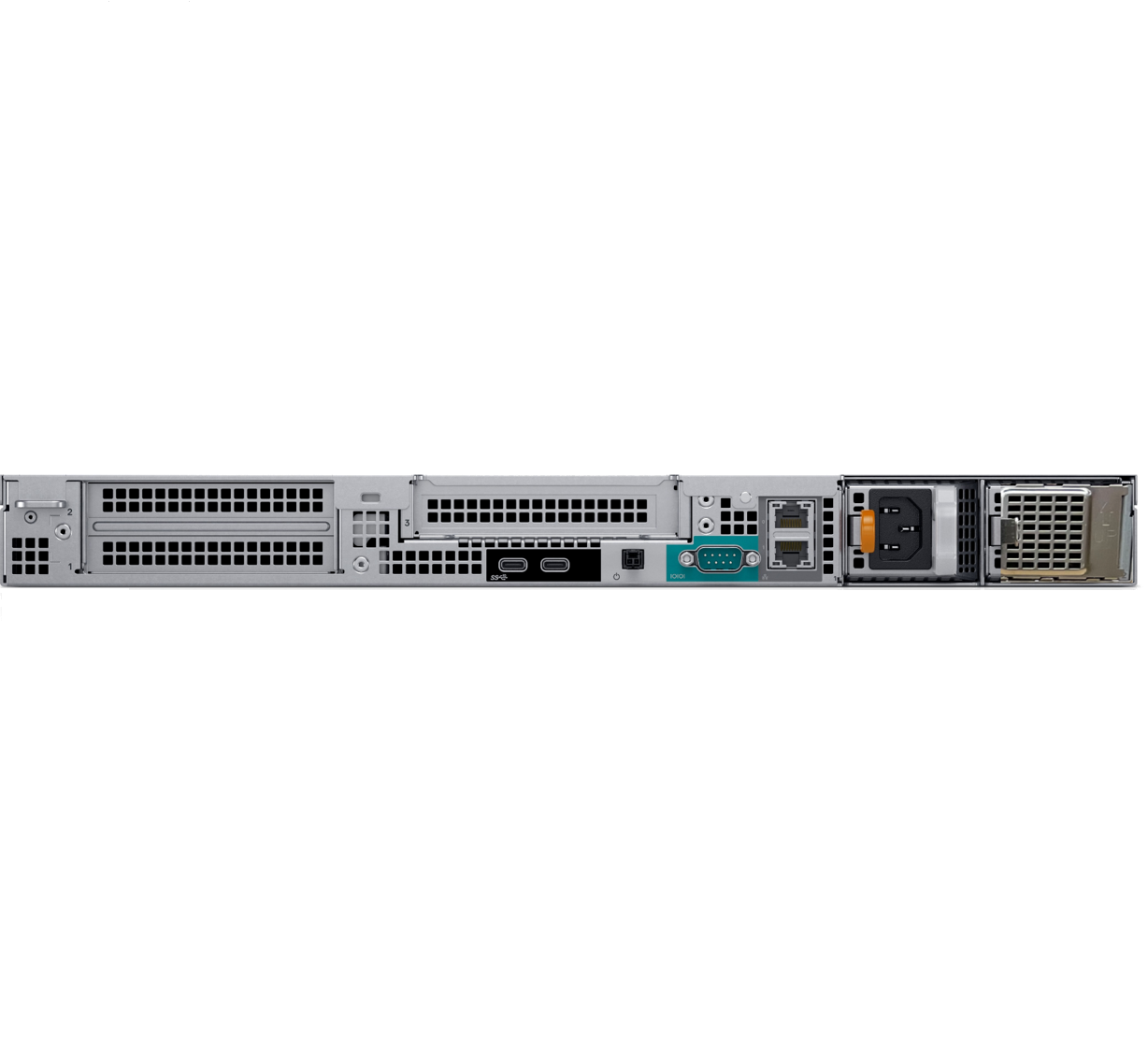 Back of a server with ports and ventilation slots.