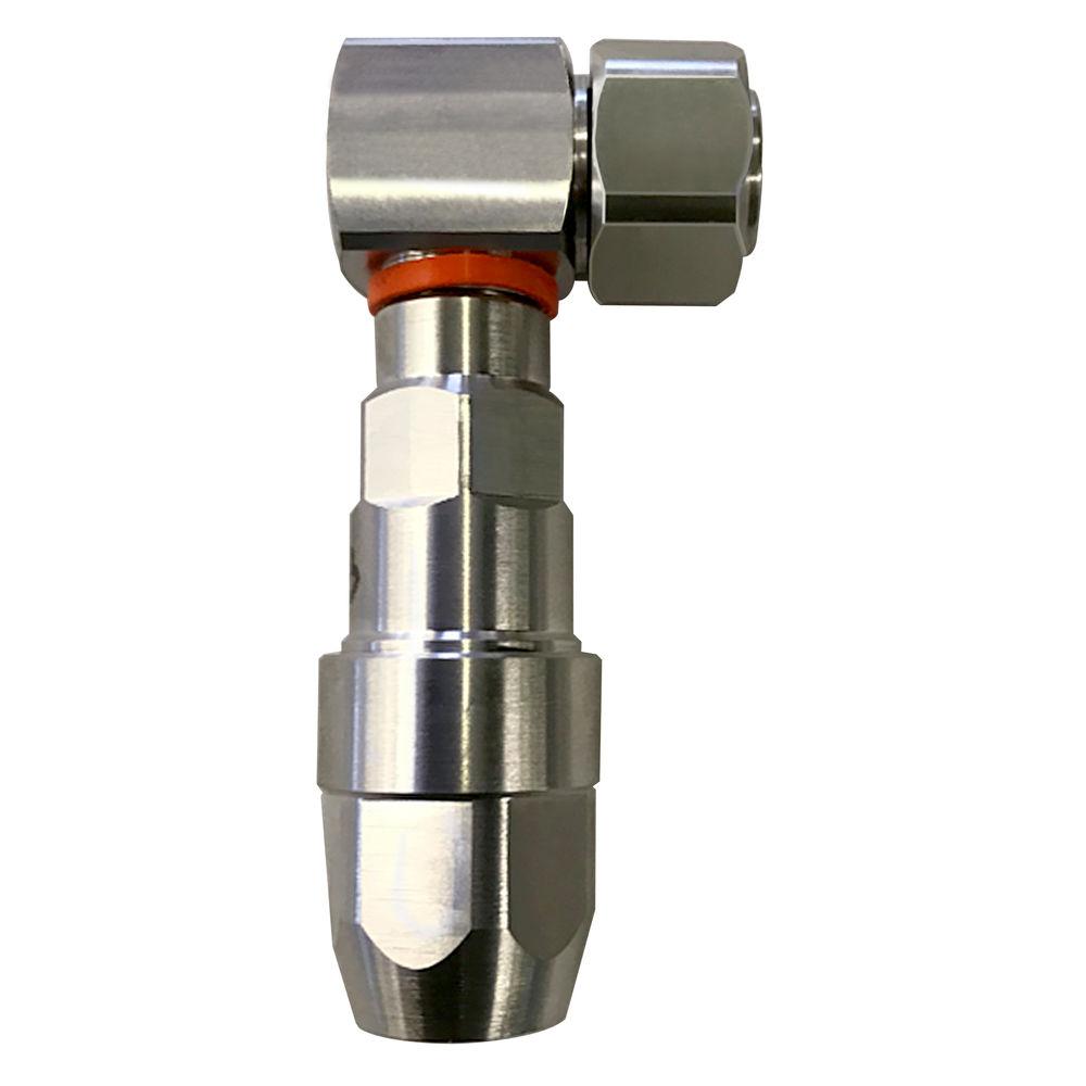 Metal elbow fitting with orange seal, stainless steel
