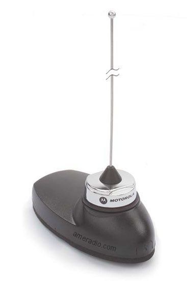 Black car antenna base with silver rod and Motorola logo.