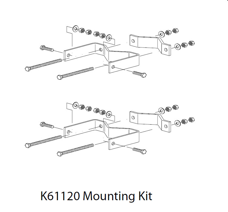 7000-00751341_sho_01.jpg Explosionsansicht eines K61120 Montagesatzes mit Schrauben und Klammern.