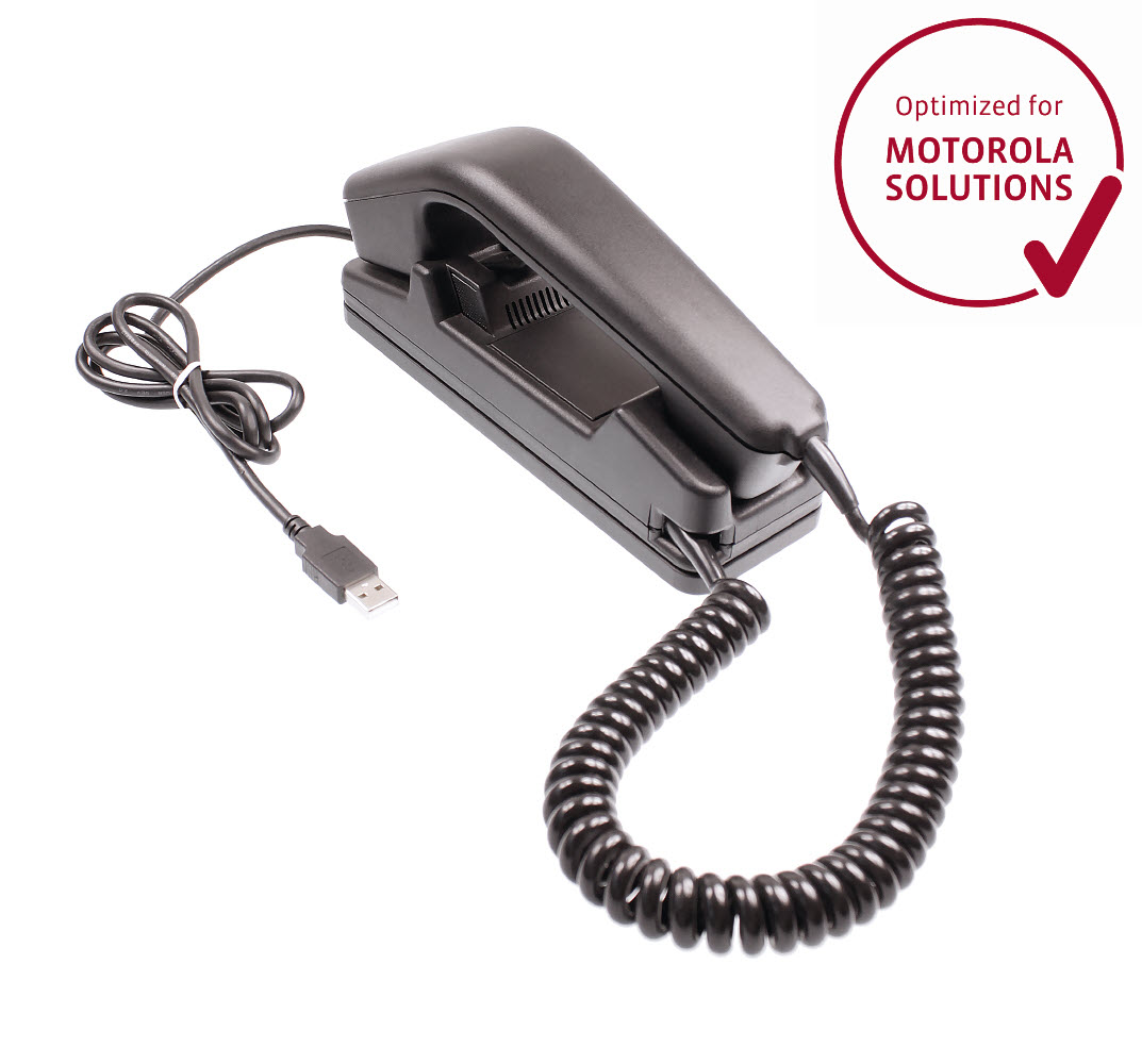 Schwarzes USB-Telefon mit Spiralkabel, optimiert für Motorola Solutions.