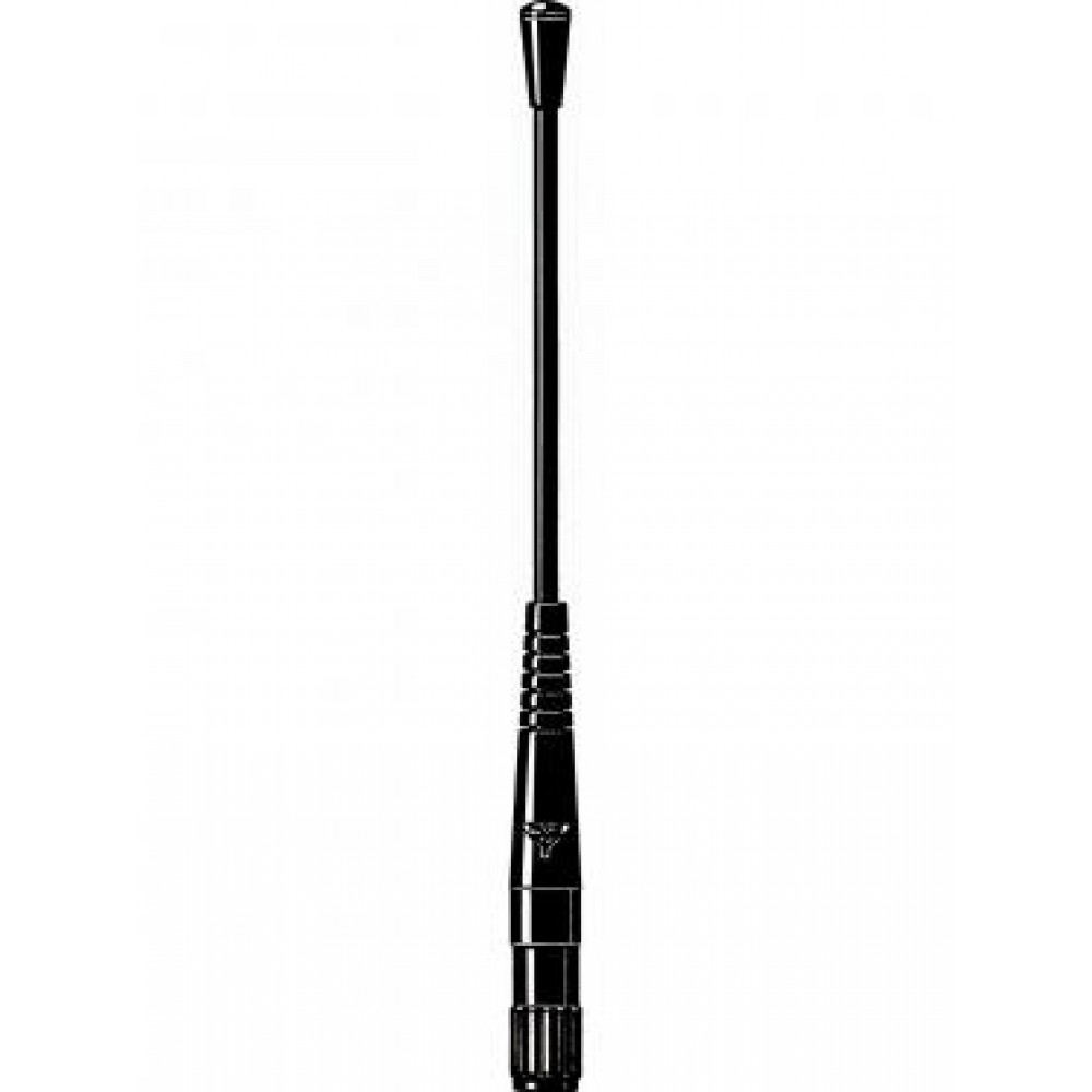 Schwarze Funkantenne mit dünnem, langem Stab, breiterem Sockel.