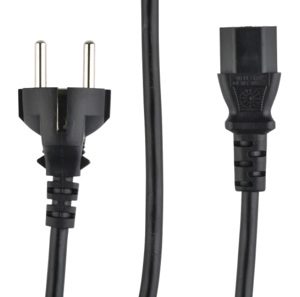 Schwarzer Stromkabel mit Schuko- und IEC-Stecker.