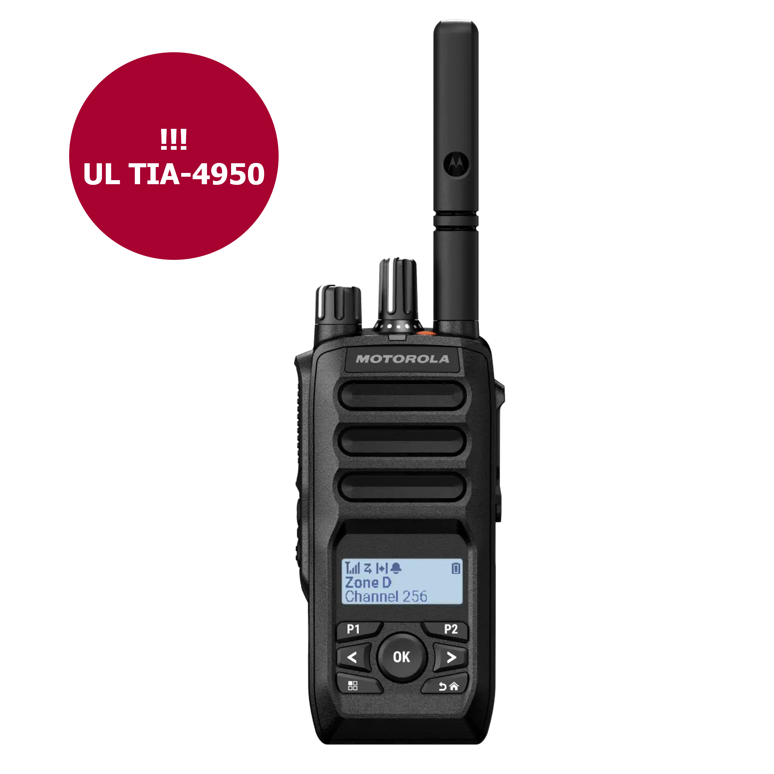 Handfunkgerät mit UL TIA-4950-Zulassung, Display zeigt Zone D, Kanal 256.