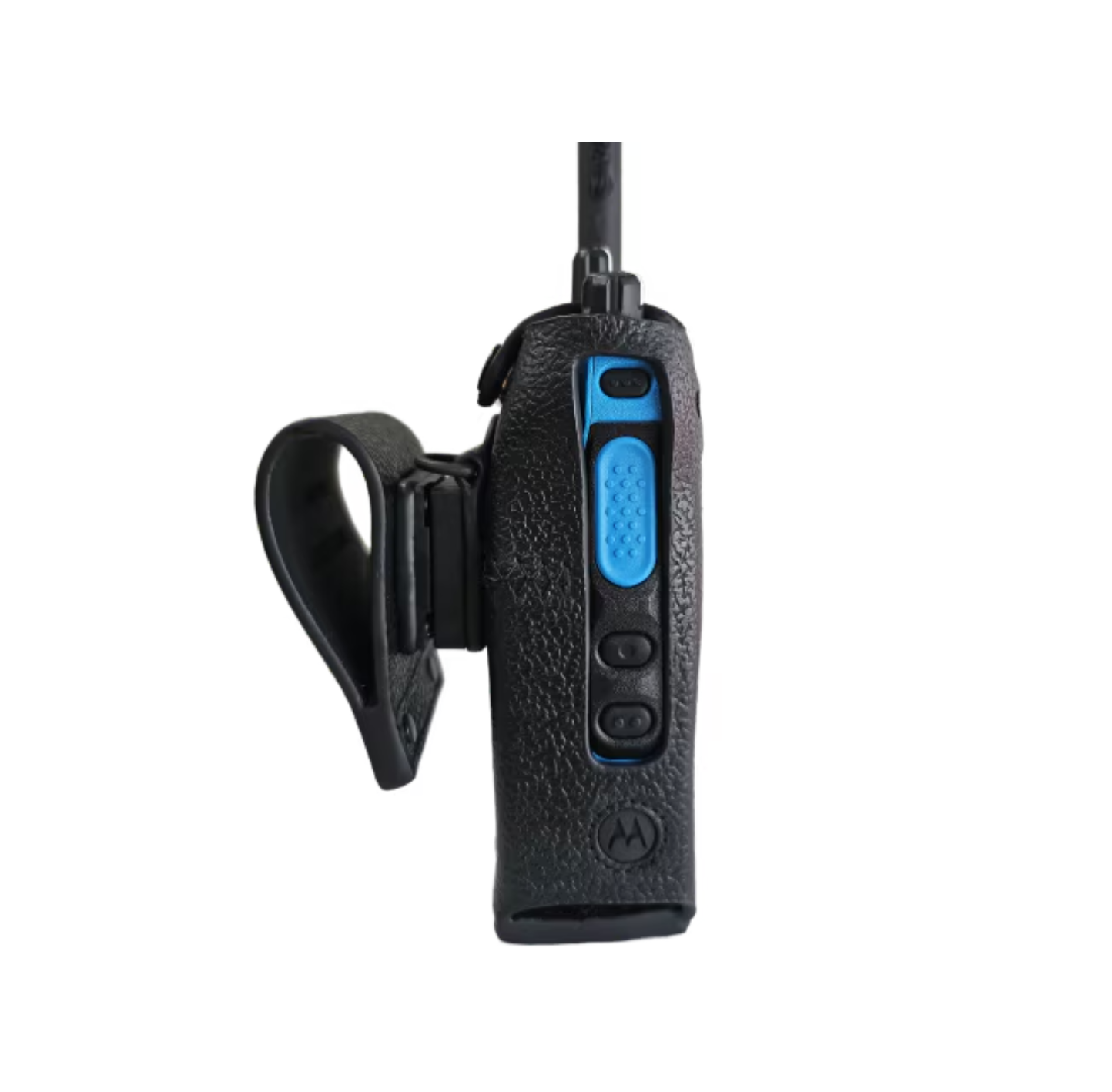 Seitenansicht eines schwarzen Funkgeräts mit blauem Knopf und Gürtelclip.