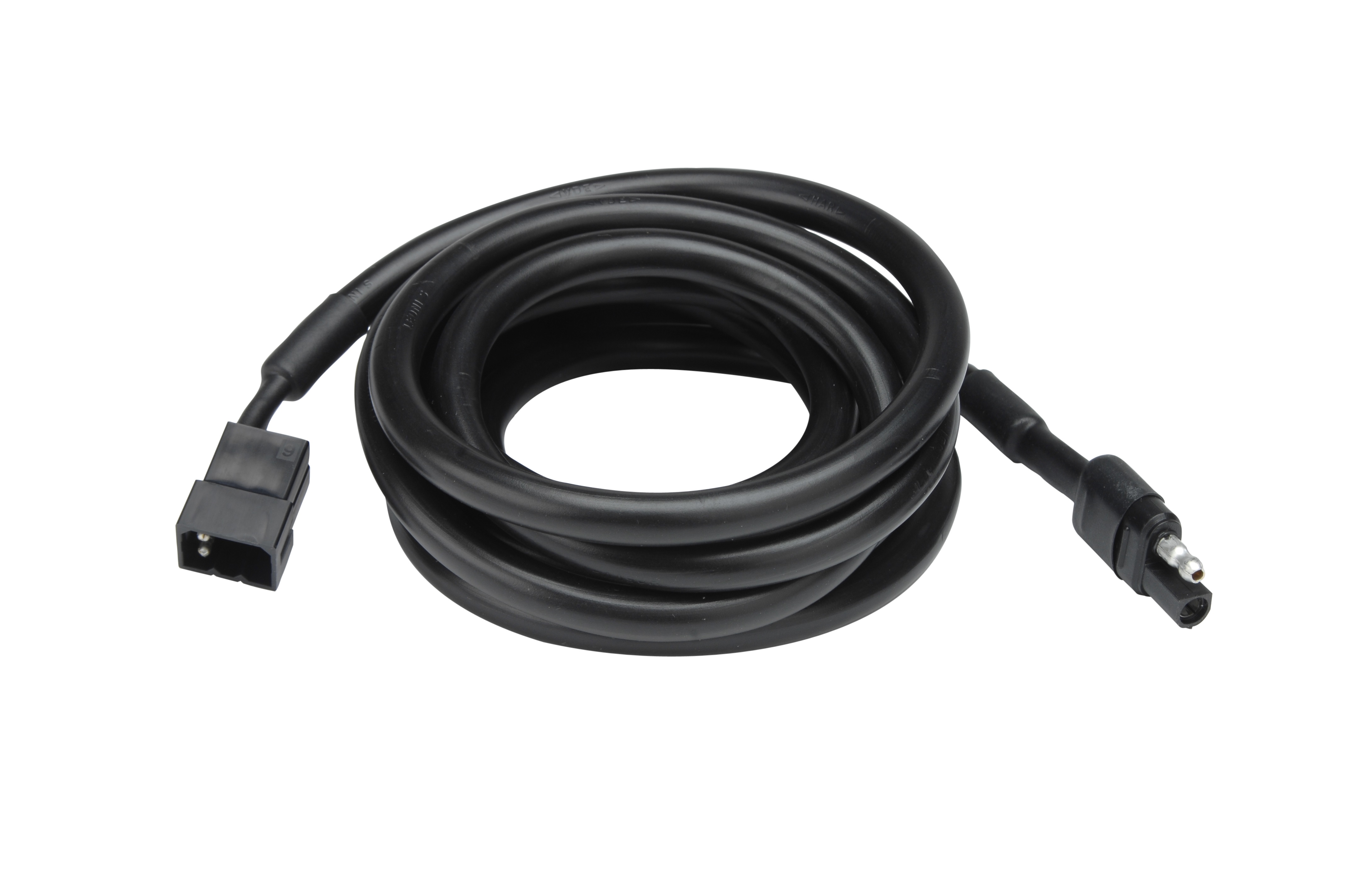 Black power cable with two connectors, coiled.