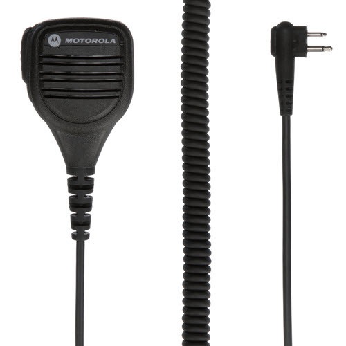 Black Motorola handheld microphone with coiled cord and plug.