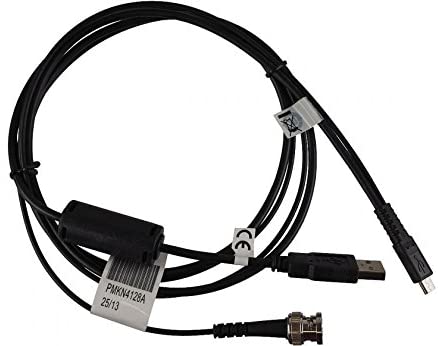 Kabel mit USB-Stecker, Koaxialstecker und beschriftetem Etikett.
