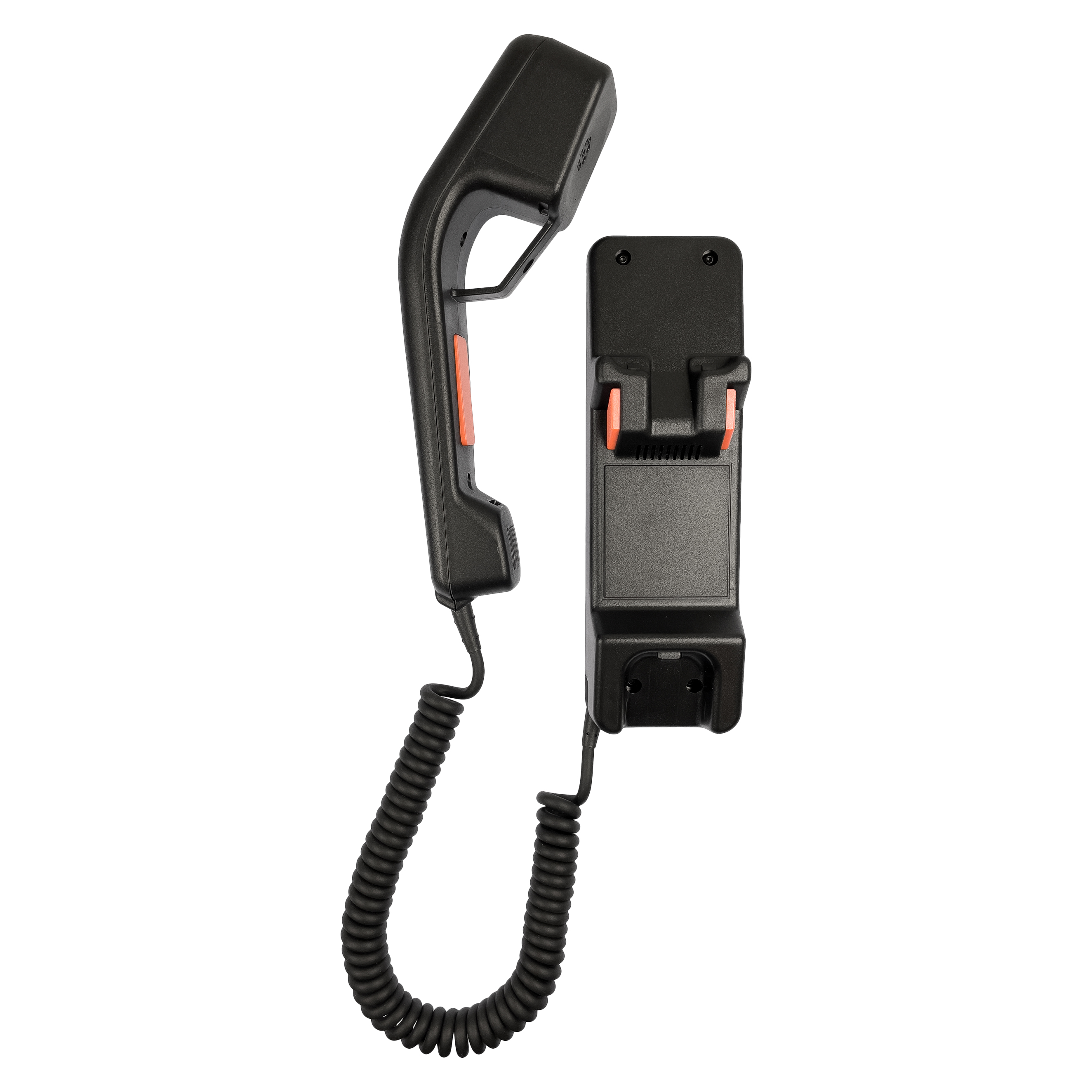 Schwarz-rotes Telefonhörer mit Spiralkabel vor weißem Hintergrund.