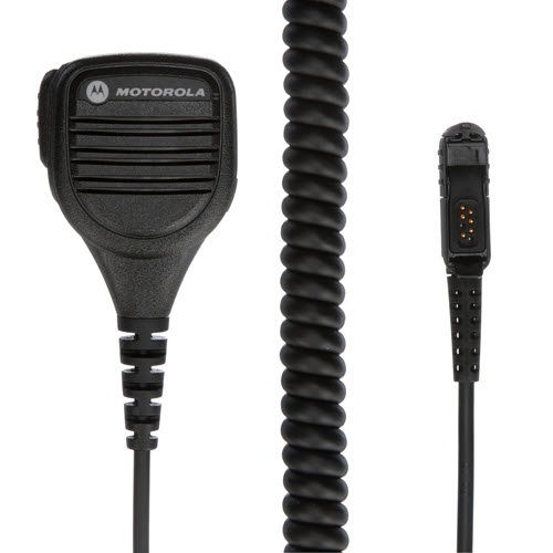 Black microphone with coiled cable and connector.