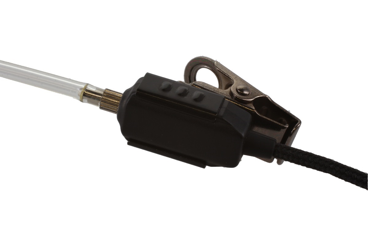 Kabel mit schwarzer Klemme und transparentem Schlauch.