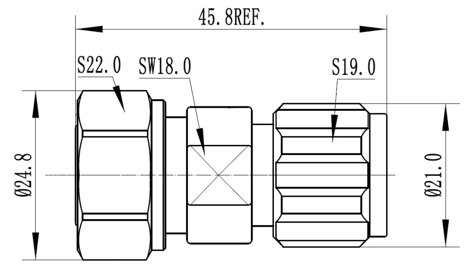 Technische Zeichnung eines Adapters mit Maßen S22.0, SW18.0 und S19.0, Gesamtlänge 45.8, Ø24.8 und Ø21.0.