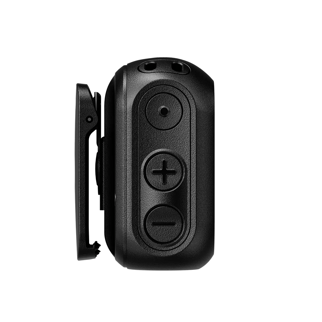 Side view of a black remote with plus and minus buttons.