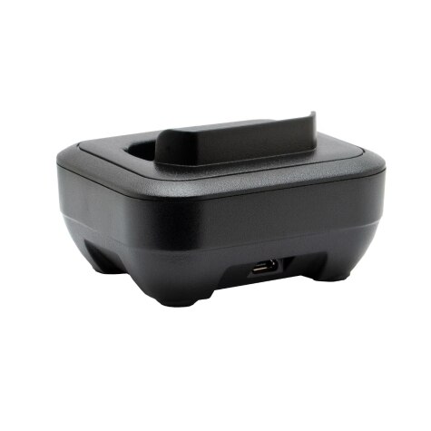 Schwarze Ladestation mit Mikro-USB-Anschluss unten.