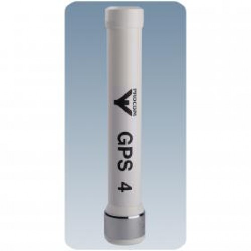 7000-00526800_pro_01.jpg Weiße GPS 4 Antenne mit schwarzem Text auf blauem Hintergrund.