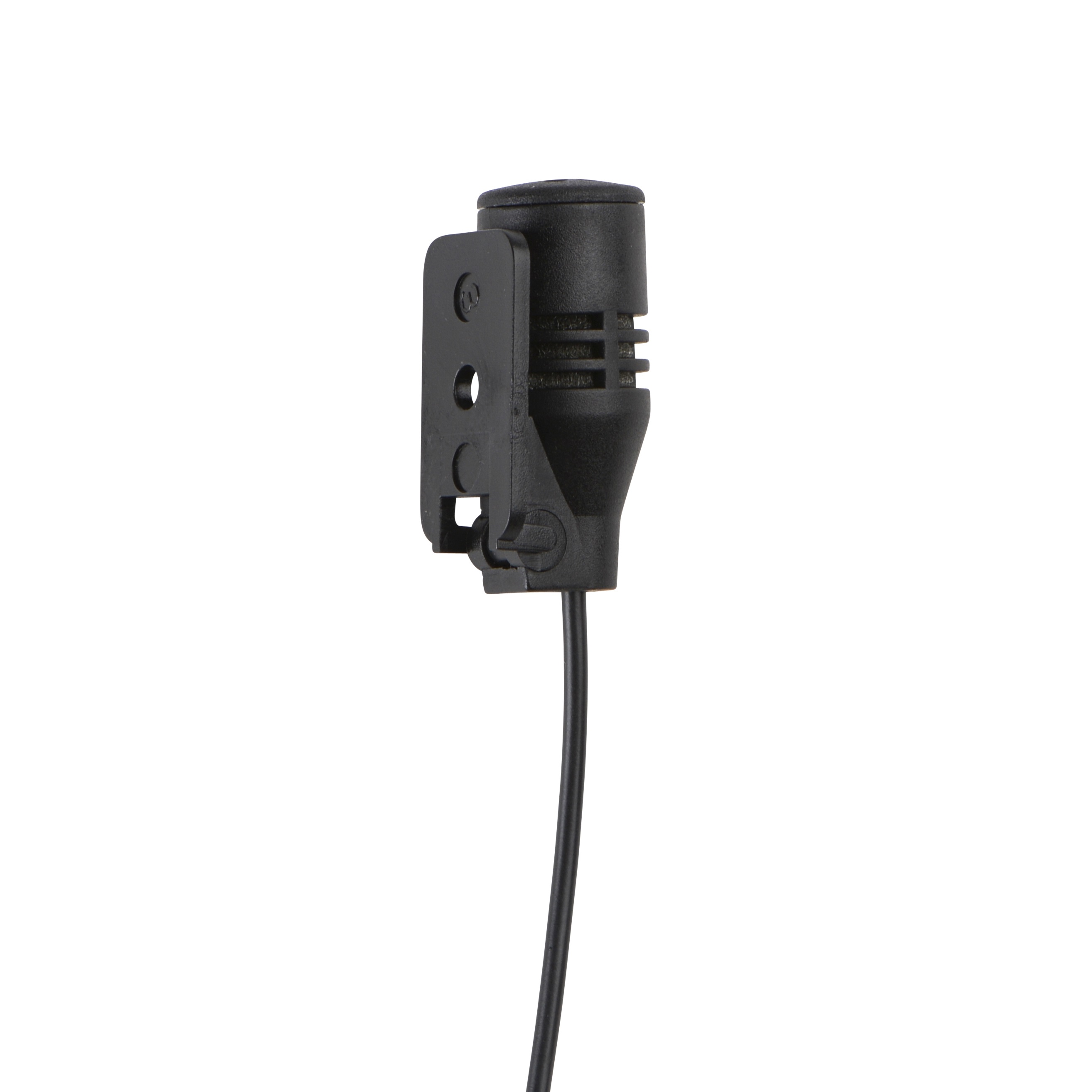 Black lapel microphone with cable.