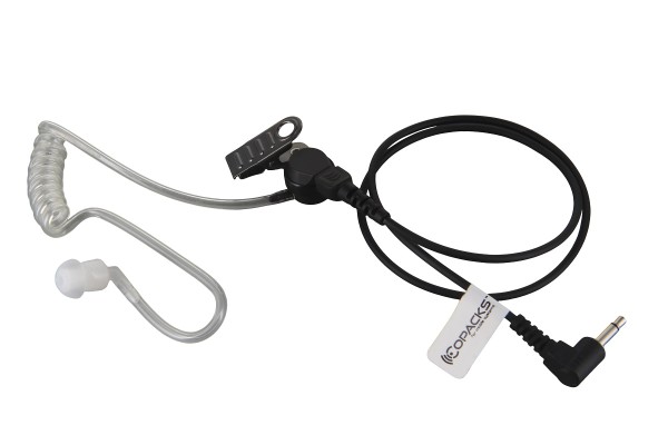 Schwarzes Ohrhörerkabel mit klarem Schallschlauch und Ohrstöpsel. 3,5-mm-Stecker.