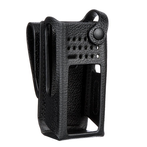 Black leather case with button closure and ventilation holes.