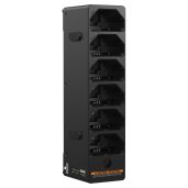 Black charger with six slots for batteries.