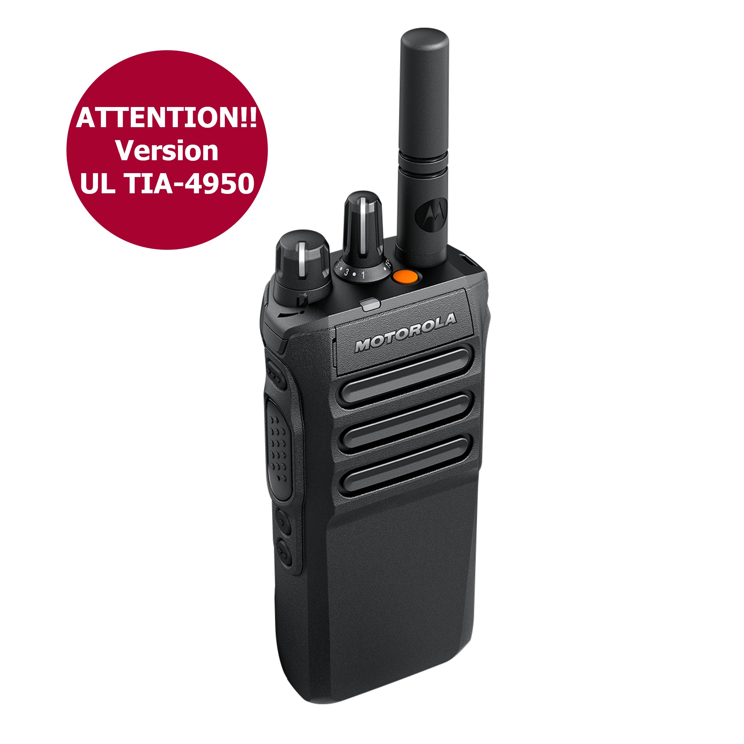 Funkgerät mit Antenne und UL TIA-4950 Hinweis.