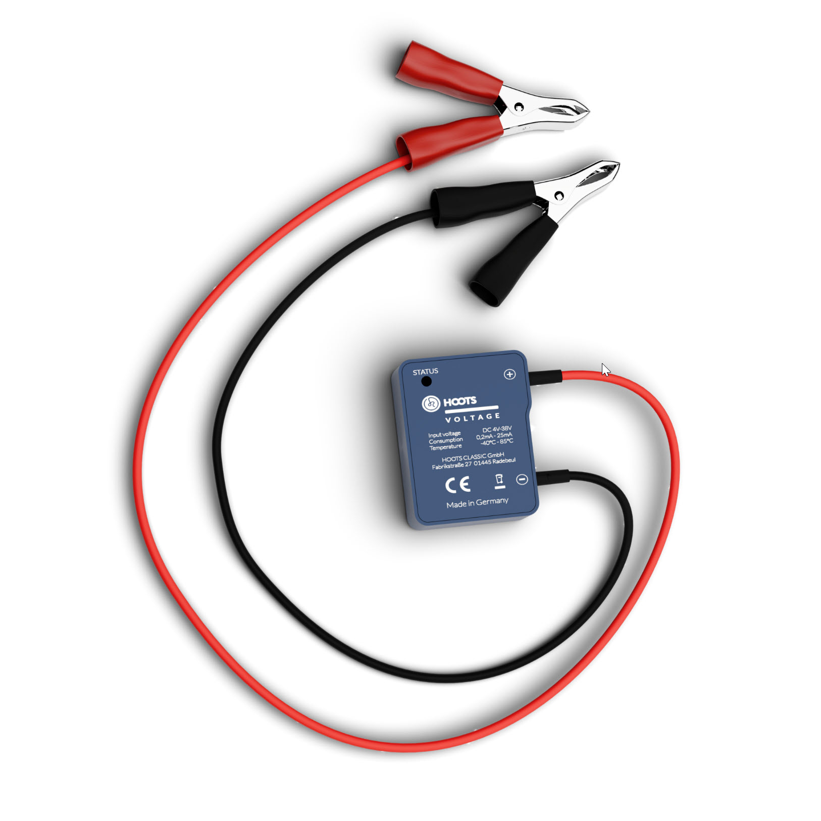 01_6710_00200571_PEI_01.jpg Spannungsmessgerät mit zwei Krokodilklemmen in Rot und Schwarz.