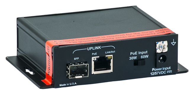 Network adapter with SFP, PoE port, PoE input switch, and power connector.