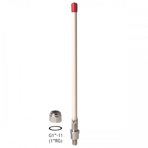 Antenna with red tip and connector thread, gasket and nut.