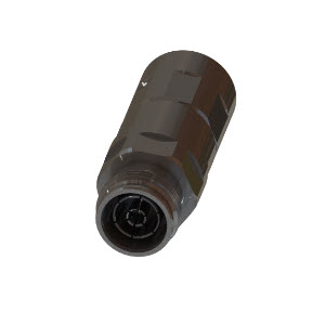 Schwarzes zylindrisches Teil mit Flanschanschluss.