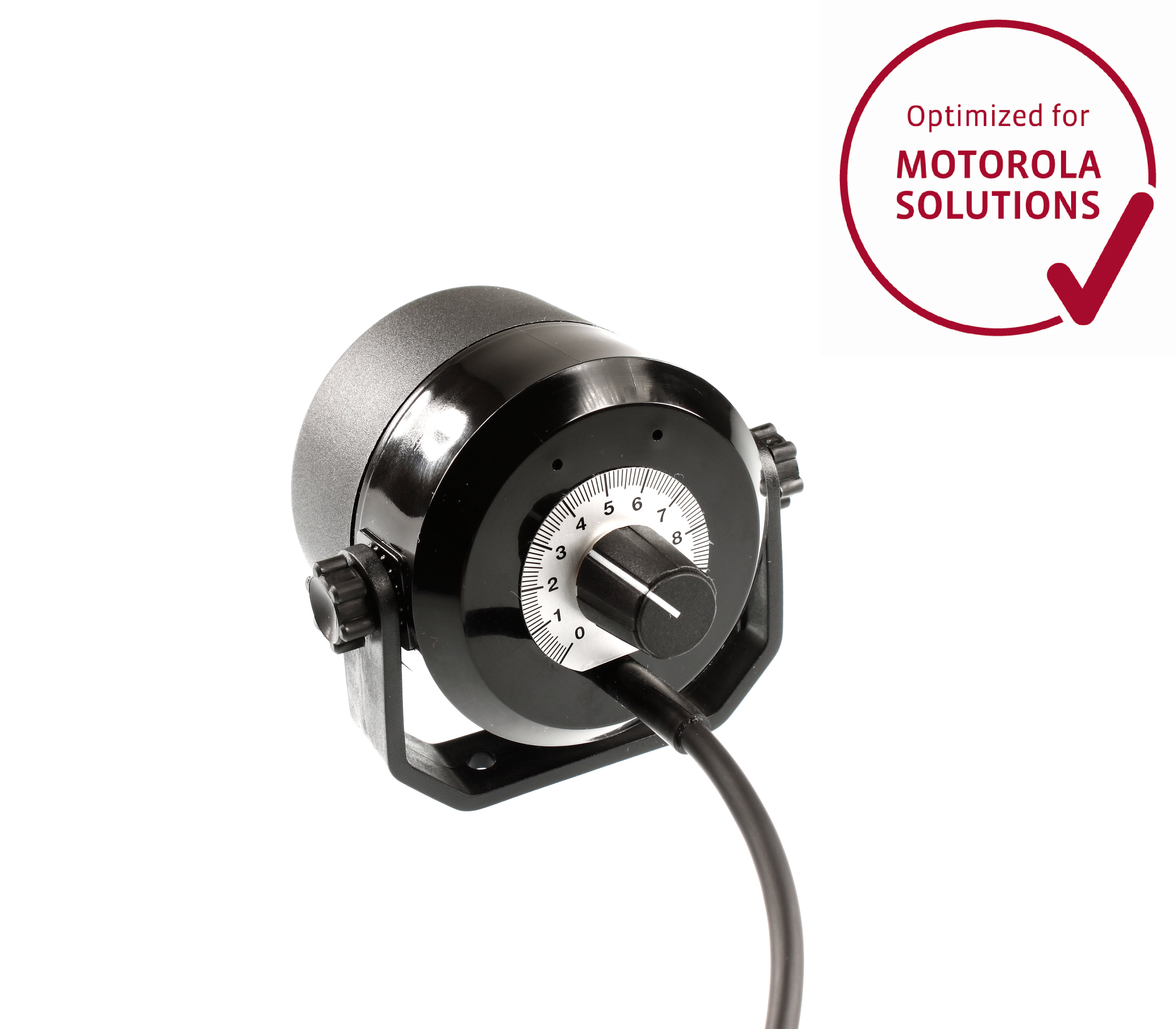 Black rotary knob with numbers and cable, certified for Motorola Solutions.