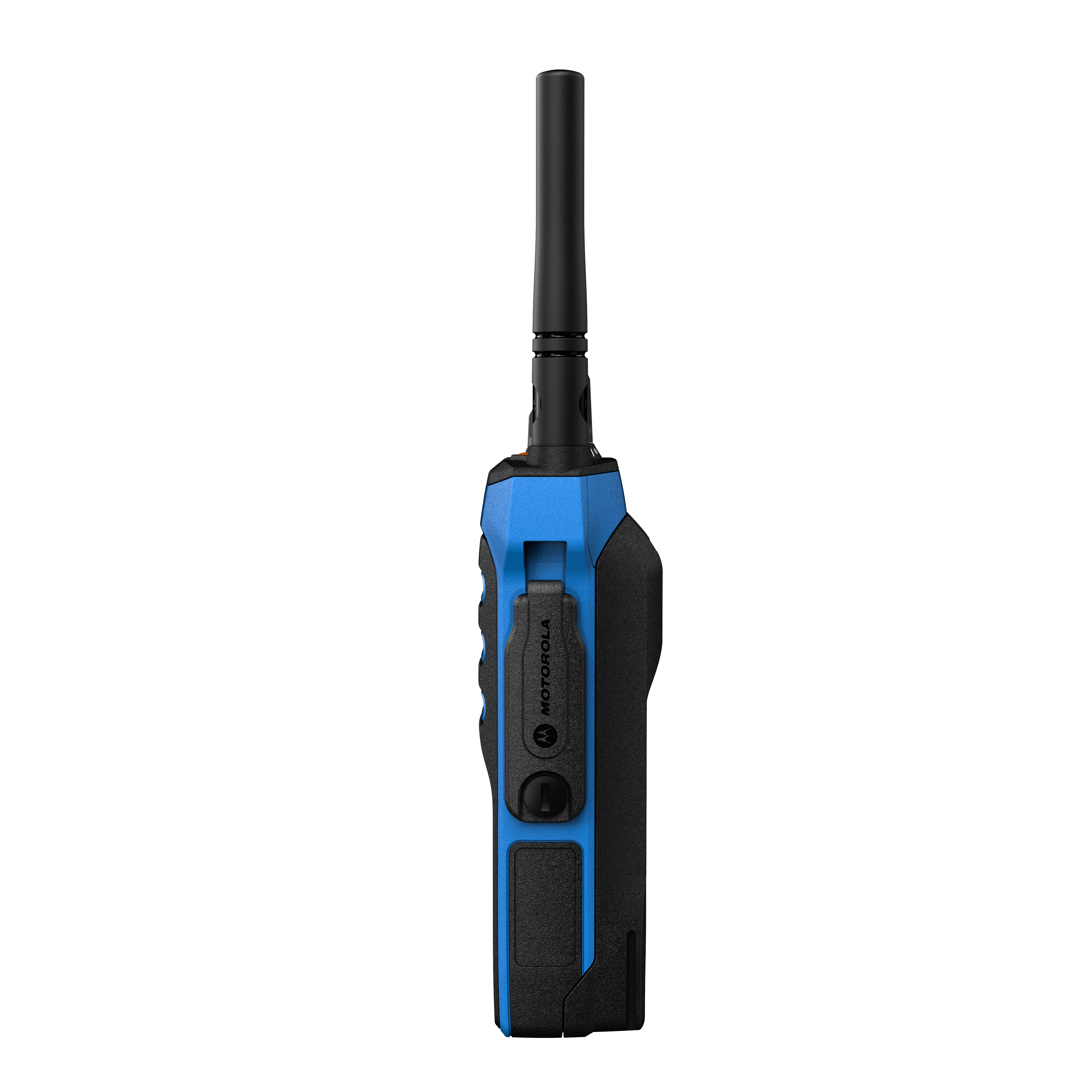 Schwarzes und blaues Funkgerät mit Antenne, Markenname seitlich sichtbar.