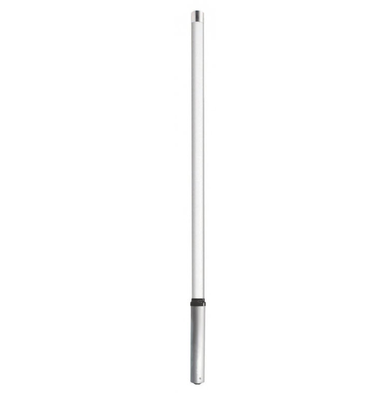 Lange, vertikale Antenne mit schwarzem Mittelteil, silberfarbene Enden.
