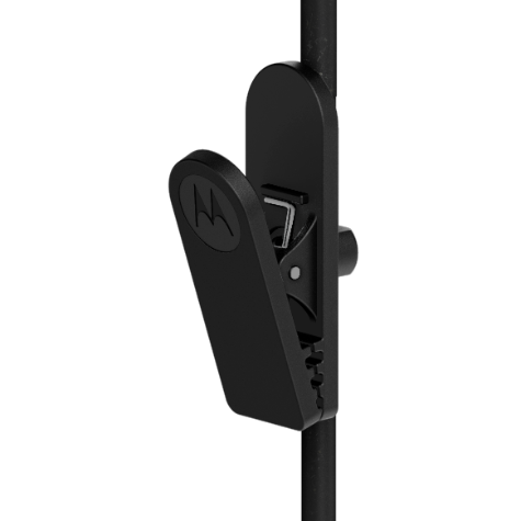 Schwarzer Kopfhörerclip mit Logo an schwarzem Kabel