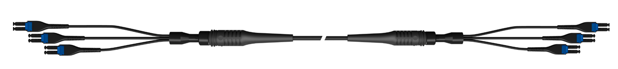 Schwarzes Kabel mit je vier blauen Steckern an beiden Enden.