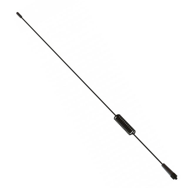 Black car antenna with a spiral coil in the middle and flexible tip.