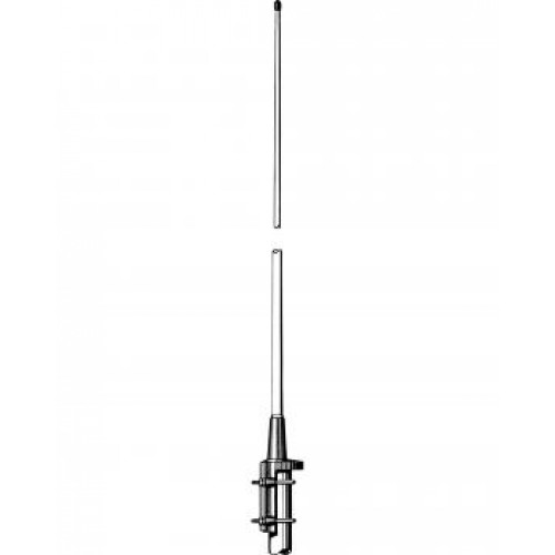 Two vertical antennas stacked, top one shorter, bottom with mounting bracket.