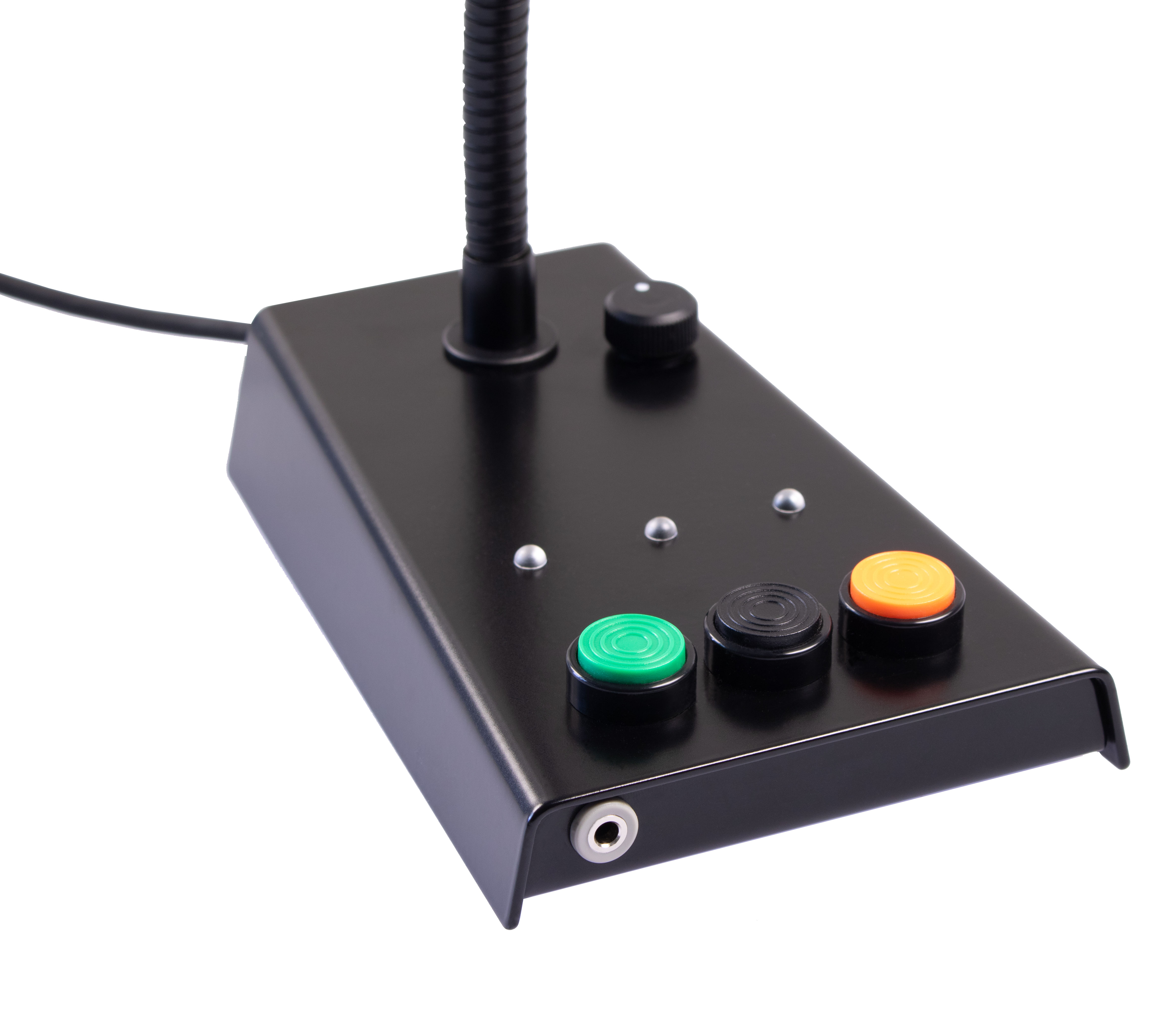 Black metal device with green, black, and orange buttons, a dial, and a jack.