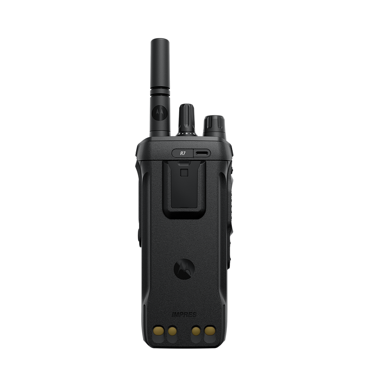 7000-00752925_mot_04.png Schwarzes Funkgerät mit Antenne, Knöpfen und Gürtelclip.