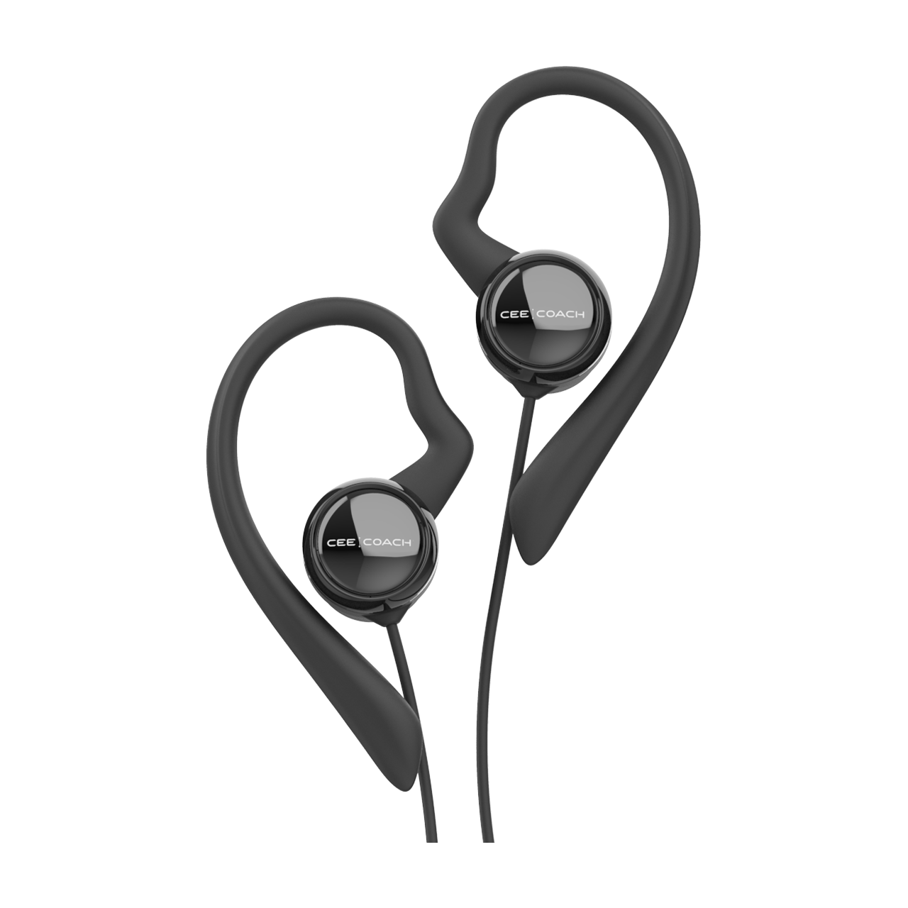 Zwei schwarze Ohrbügel-Headsets mit Kabel und Markenlogo.