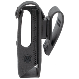 Schwarze Tragetasche aus Leder mit Gürtelclip und Logo.