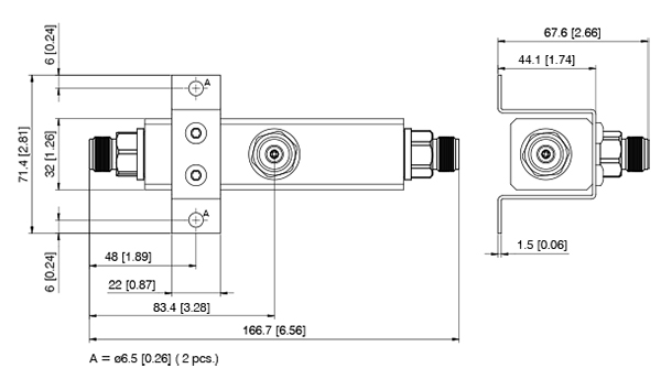 Technische Zeichnung eines zylindrischen Bauteils mit Maßen in Millimetern und Zoll.