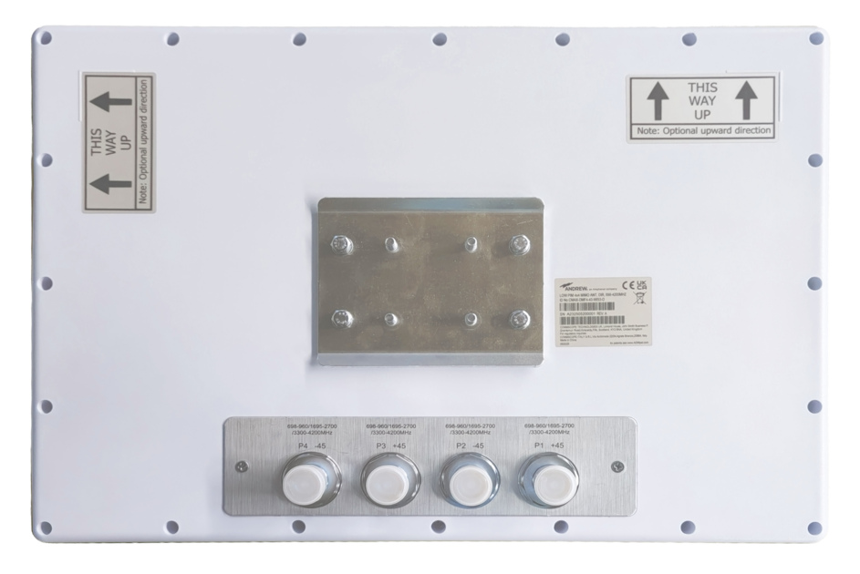White antenna unit with three connection knobs and mounting plate.