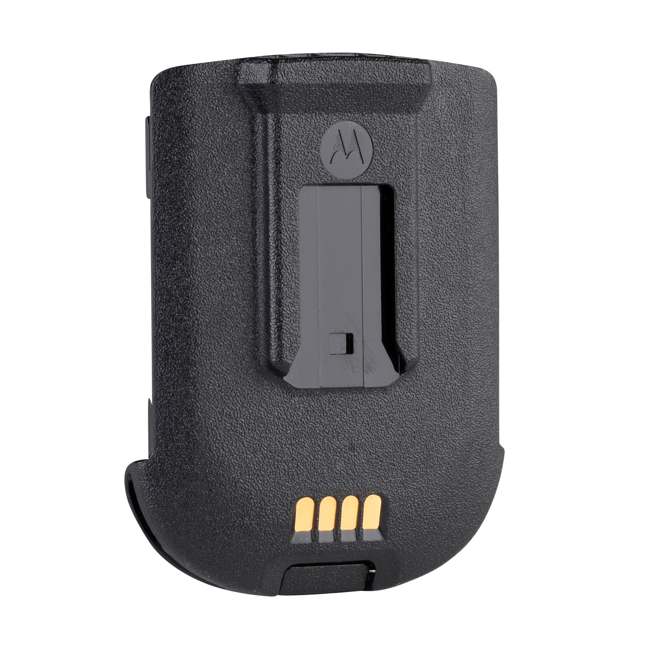 Black battery pack with three gold contacts and belt clip.