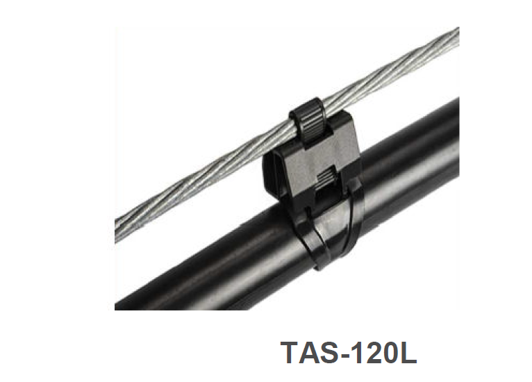 Kabelklemme TAS-120L verbindet Metallrohre mit Drahtseil.