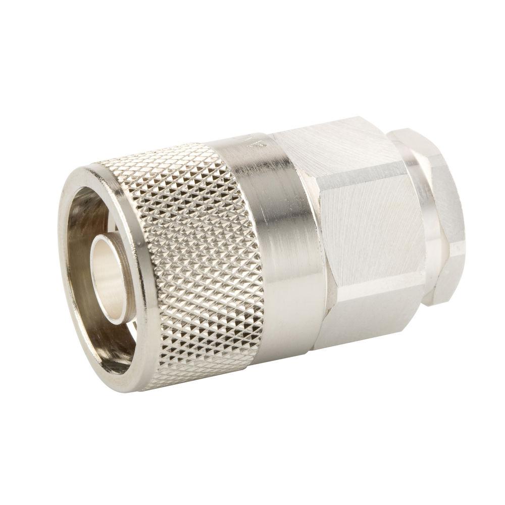 Metal connector with knurled surface, cylindrical shape.